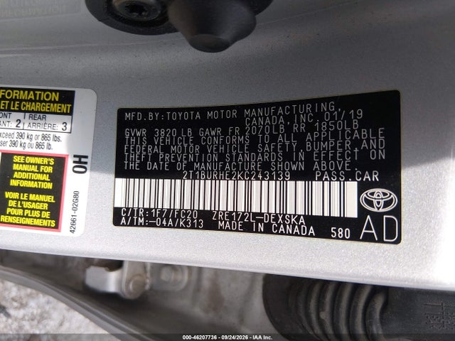 46207736 :رقم المزاد ، 2T1BURHE2KC243139 vin ، 2019 Toyota Corolla Se مزاد بيع
