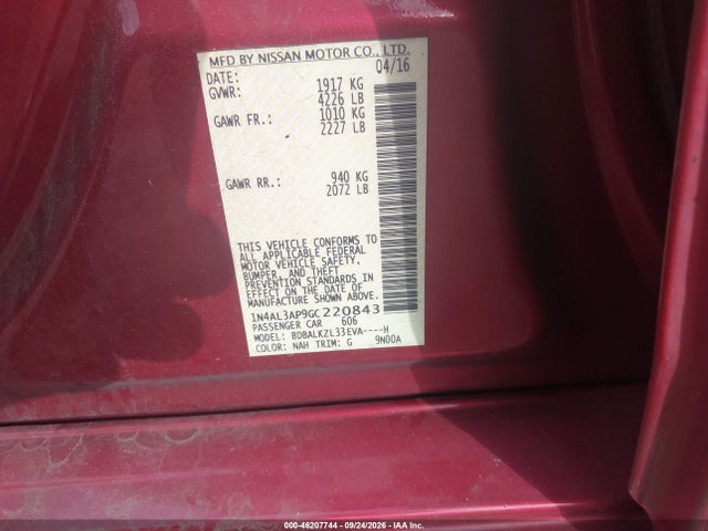 Aukcja sprzedaży 2016 Nissan Altima 2.5 Sv, vin: 1N4AL3AP9GC220843, numer aukcji: 46207744