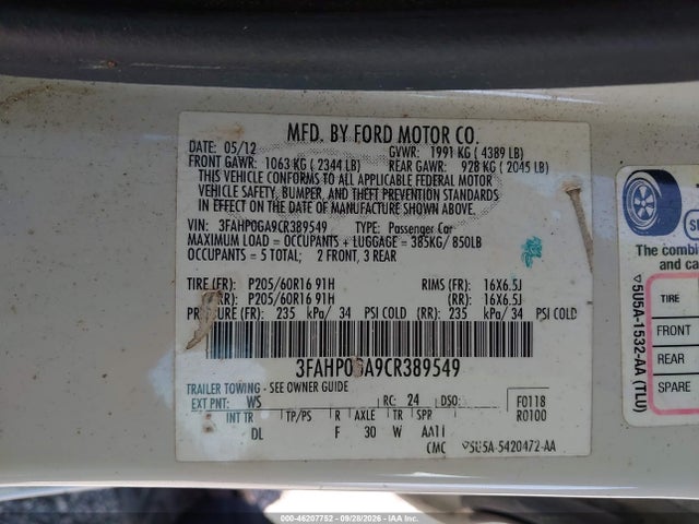 46207752 :رقم المزاد ، 3FAHP0GA9CR389549 vin ، 2012 Ford Fusion S مزاد بيع