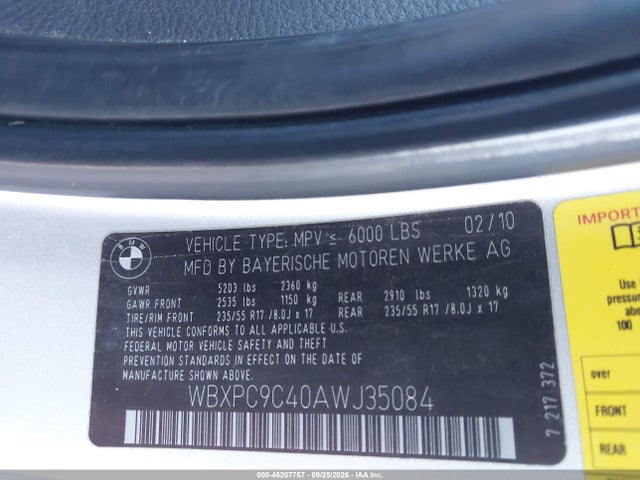 2010 Bmw X3 Xdrive30i მანქანა იყიდება აუქციონზე, vin: WBXPC9C40AWJ35084, აუქციონის ნომერი: 46207757