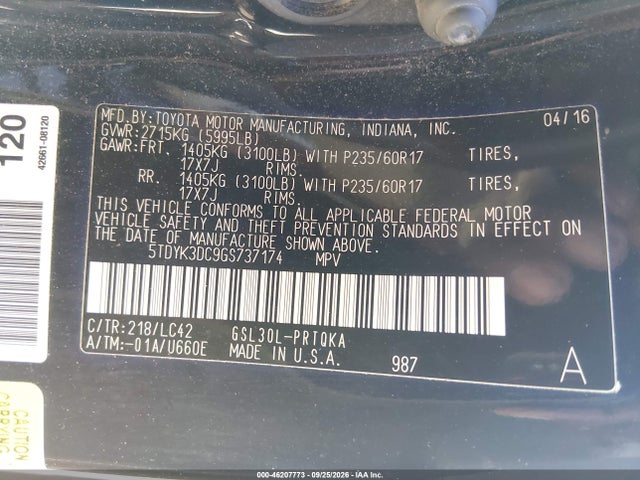 Продажа на аукционе авто 2016 Toyota Sienna Xle Premium 8 Passenger, vin: 5TDYK3DC9GS737174, номер лота: 46207773