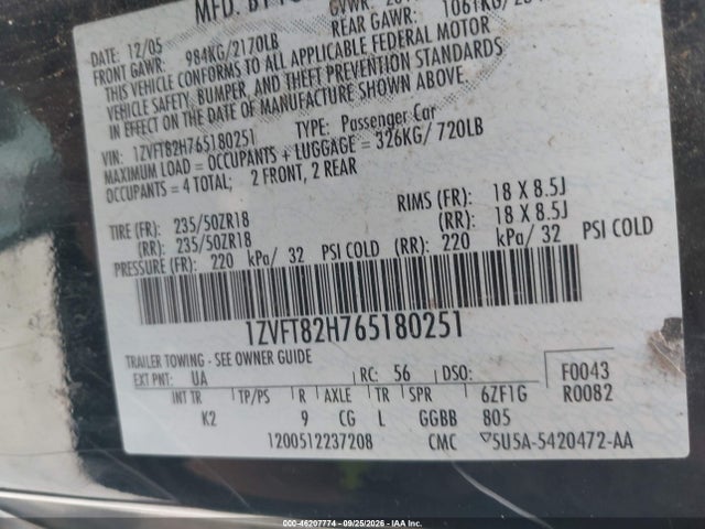 Aukcja sprzedaży 2006 Ford Mustang Gt, vin: 1ZVFT82H765180251, numer aukcji: 46207774