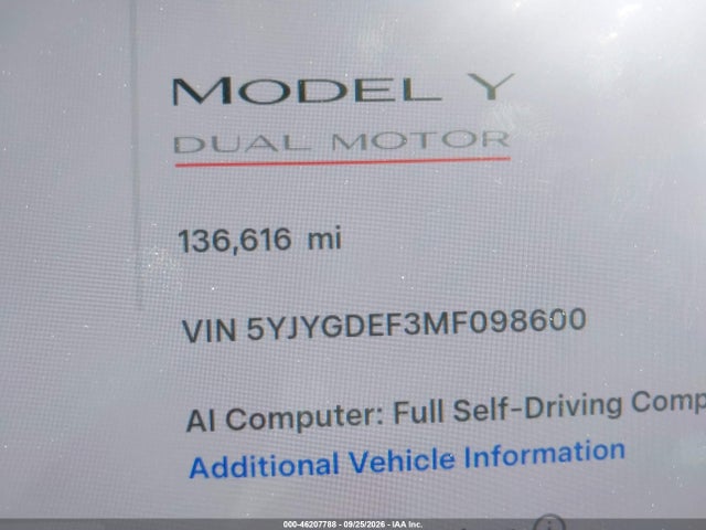 46207788 :رقم المزاد ، 5YJYGDEF3MF098600 vin ، 2021 Tesla Model Y Performance Dual Motor All-wheel Drive مزاد بيع