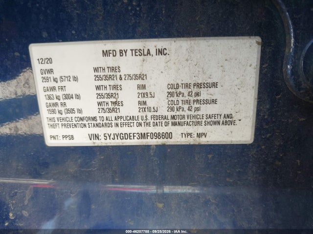 46207788 :رقم المزاد ، 5YJYGDEF3MF098600 vin ، 2021 Tesla Model Y Performance Dual Motor All-wheel Drive مزاد بيع