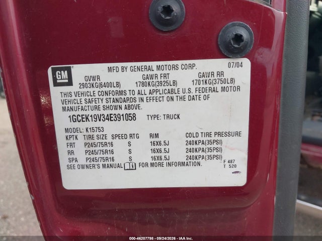46207798 :رقم المزاد ، 1GCEK19V34E391058 vin ، 2004 Chevrolet Silverado 1500 Ls مزاد بيع