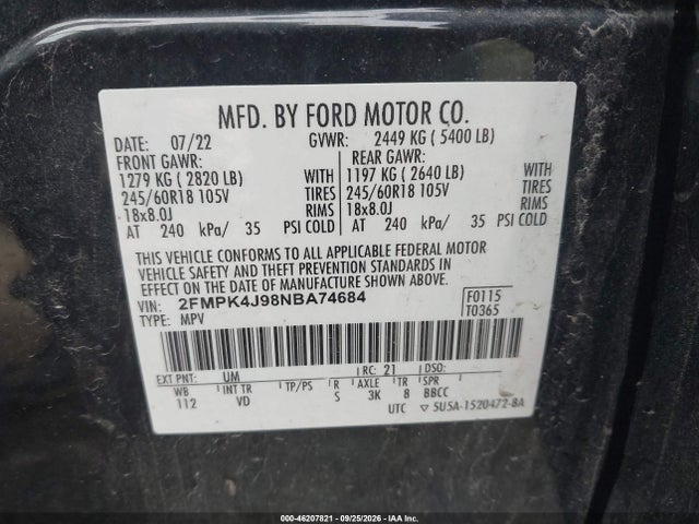2022 Ford Edge Sel მანქანა იყიდება აუქციონზე, vin: 2FMPK4J98NBA74684, აუქციონის ნომერი: 46207821