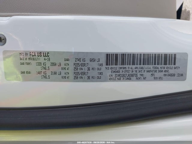 46207839 :رقم المزاد ، 2C4RDGBG7JR288735 vin ، 2018 Dodge Grand Caravan Se مزاد بيع