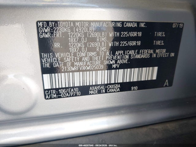 2019 Toyota Rav4 Hybrid Limited მანქანა იყიდება აუქციონზე, vin: 2T3DWRFVXKW025039, აუქციონის ნომერი: 46207840