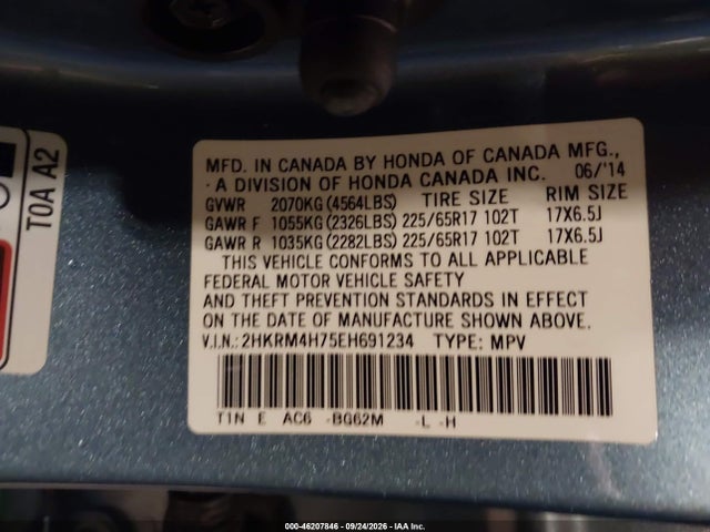 46207846 :رقم المزاد ، 2HKRM4H75EH691234 vin ، 2014 Honda Cr-v Ex-l مزاد بيع