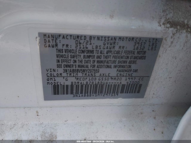 Aukcja sprzedaży 2021 Nissan Sentra S Xtronic Cvt, vin: 3N1AB8BV5MY297559, numer aukcji: 46207864