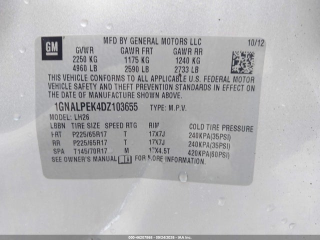 46207868 :رقم المزاد ، 1GNALPEK4DZ103655 vin ، 2013 Chevrolet Equinox 2lt مزاد بيع