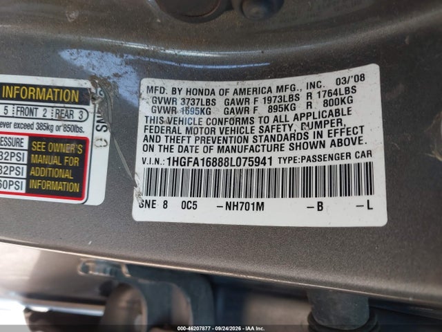 2008 Honda Civic Ex მანქანა იყიდება აუქციონზე, vin: 1HGFA16888L075941, აუქციონის ნომერი: 46207877