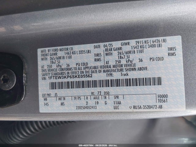 Продаж на аукціоні авто 2025 Ford F-150 Xlt, vin: 1FTEW3KP6SKE05562, номер лоту: 46207884