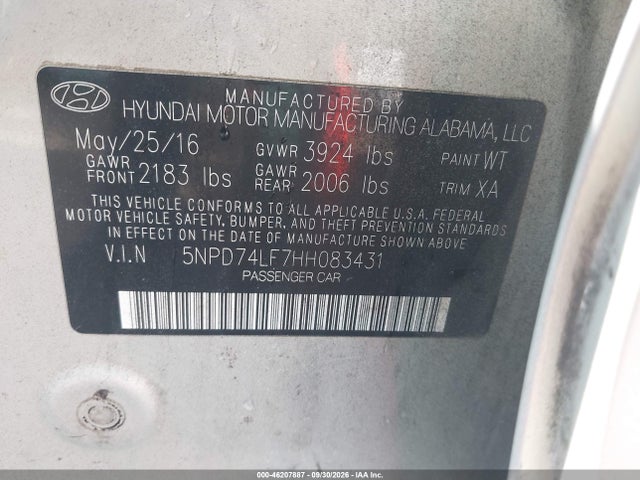 Продаж на аукціоні авто 2017 Hyundai Elantra Se, vin: 5NPD74LF7HH083431, номер лоту: 46207887