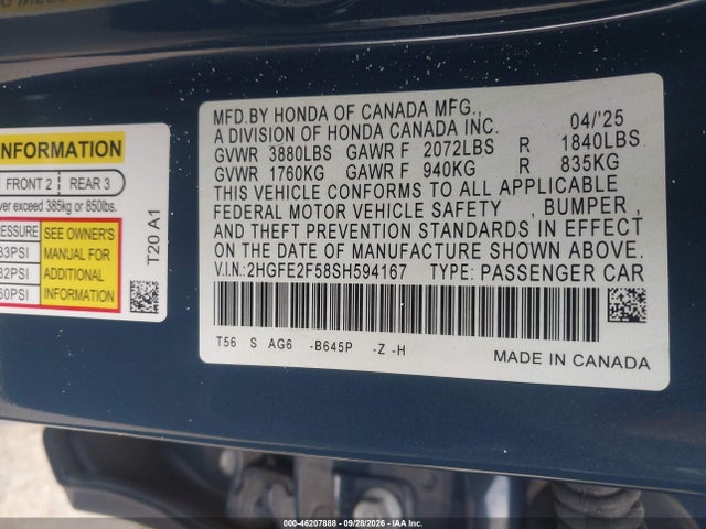 Продажа на аукционе авто 2025 Honda Civic Sport, vin: 2HGFE2F58SH594167, номер лота: 46207888