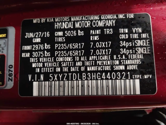 Продажа на аукционе авто 2017 Hyundai Santa Fe Deportivo 2.4l, vin: 5XYZTDLB3HG440321, номер лота: 46207892