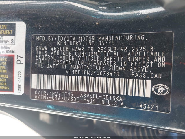 2015 Toyota Camry Se მანქანა იყიდება აუქციონზე, vin: 4T1BF1FK3FU078419, აუქციონის ნომერი: 46207895