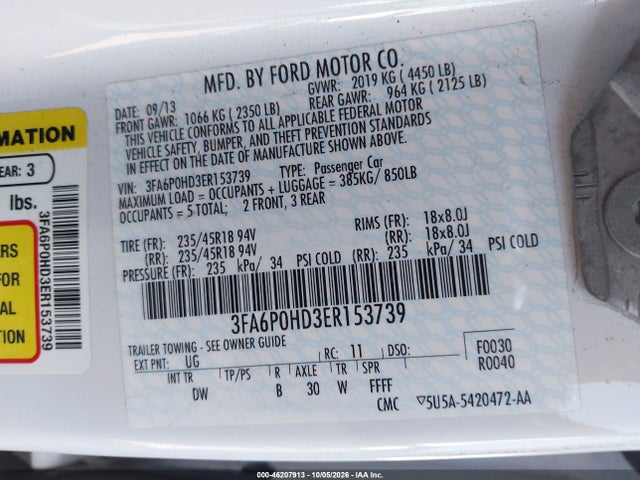 46207913 :رقم المزاد ، 3FA6P0HD3ER153739 vin ، 2014 Ford Fusion Se مزاد بيع