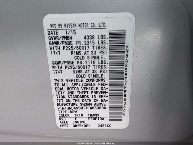 Продажа на аукционе авто 2015 Nissan Rogue Select S, vin: JN8AS5MT7FW653600, номер лота: 46207932