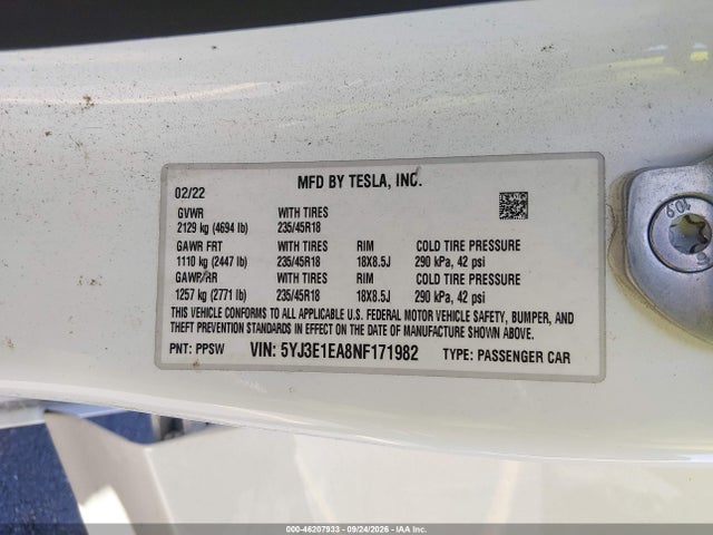Aukcja sprzedaży 2022 Tesla Model 3 Rear-wheel Drive, vin: 5YJ3E1EA8NF171982, numer aukcji: 46207933