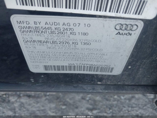 46207939 :رقم المزاد ، WA1LFAFP9BA020762 vin ، 2011 Audi Q5 2.0t Premium مزاد بيع