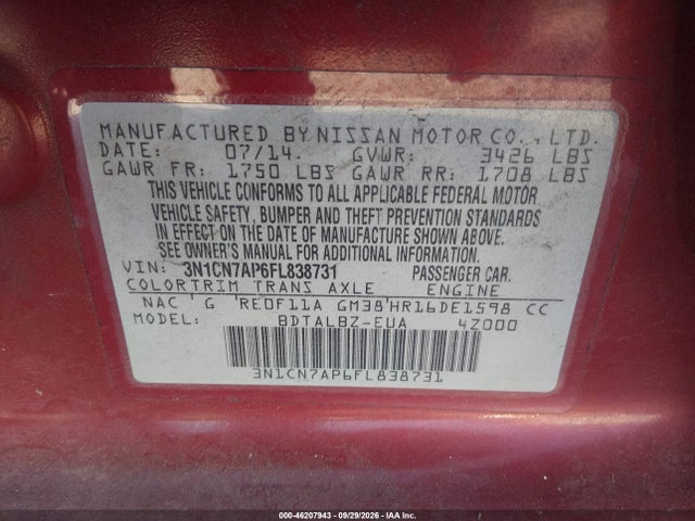 46207943 :رقم المزاد ، 3N1CN7AP6FL838731 vin ، 2015 Nissan Versa 1.6 S/1.6 Sl/1.6 Sv/s/s Plus/sl مزاد بيع