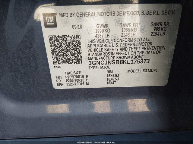 Aukcja sprzedaży 2019 Chevrolet Trax Ls, vin: 3GNCJNSB8KL175373, numer aukcji: 46207947