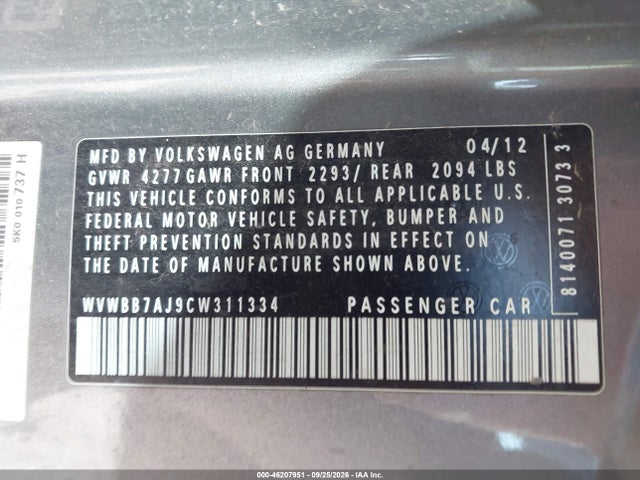46207951 :رقم المزاد ، WVWBB7AJ9CW311334 vin ، 2012 Volkswagen Golf Conv مزاد بيع