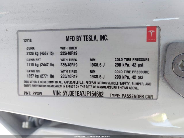 Продаж на аукціоні авто 2018 Tesla Modelo 3 Long Range/mid Range, vin: 5YJ3E1EA7JF154682, номер лоту: 46207971