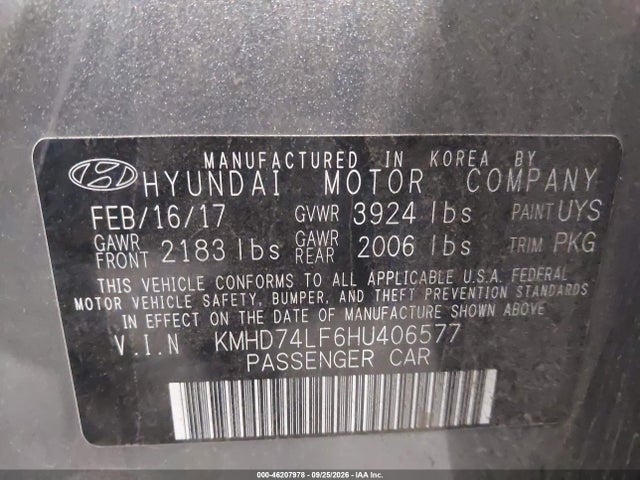 Aukcja sprzedaży 2017 Hyundai Elantra Se, vin: KMHD74LF6HU406577, numer aukcji: 46207978