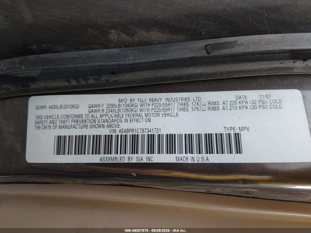 Aukcja sprzedaży 2008 Subaru Outback (natl) I/ll Bean W/nav/ll Bean W/nav/vdc, vin: 4S4BP61C787341751, numer aukcji: 46207979