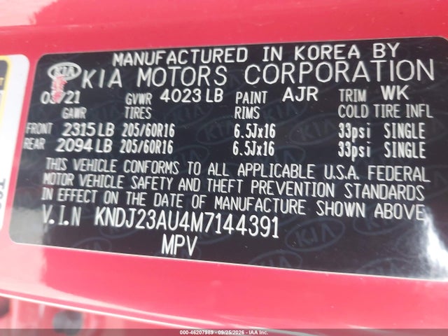 Продажа на аукционе авто 2021 Kia Soul Lx, vin: KNDJ23AU4M7144391, номер лота: 46207989
