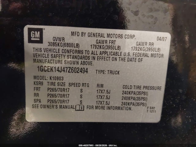 46207993 :رقم المزاد ، 1GCEK14J47Z602494 vin ، 2007 Chevrolet Silverado 1500 Work Truck مزاد بيع