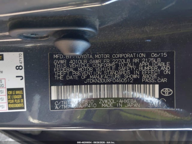 46208004 :رقم المزاد ، JTDKN3DUXF0460512 vin ، 2015 Toyota Prius Two مزاد بيع