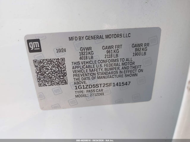 Aukcja sprzedaży 2025 Chevrolet Malibu Fwd 1lt, vin: 1G1ZD5ST2SF141547, numer aukcji: 46208016