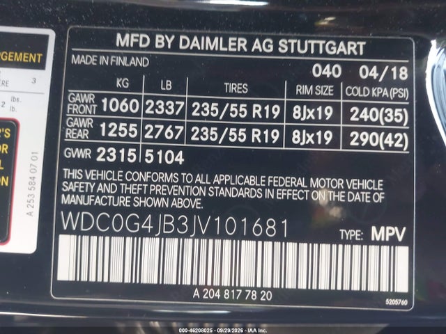 Aukcja sprzedaży 2018 Mercedes-benz Glc 300, vin: WDC0G4JB3JV101681, numer aukcji: 46208025