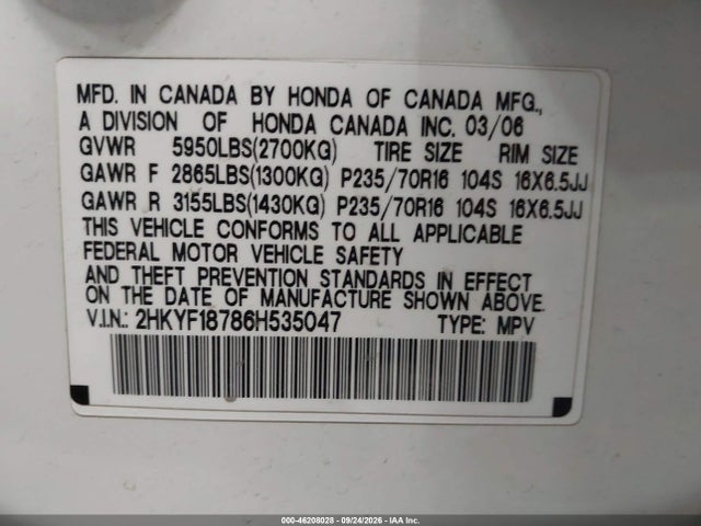 Продажа на аукционе авто 2006 Honda Pilot Ex-l, vin: 2HKYF18786H535047, номер лота: 46208028