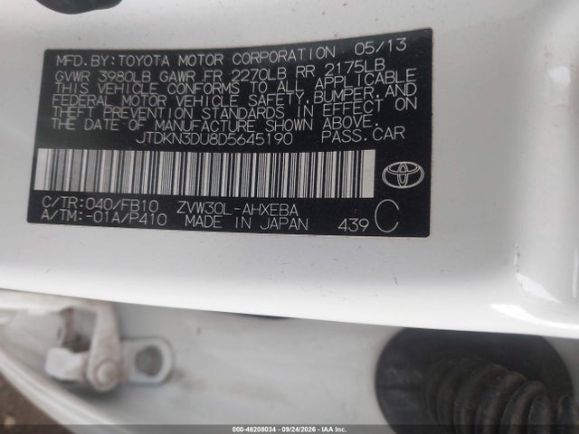 46208034 :رقم المزاد ، JTDKN3DU8D5645190 vin ، 2013 Toyota Prius Two مزاد بيع