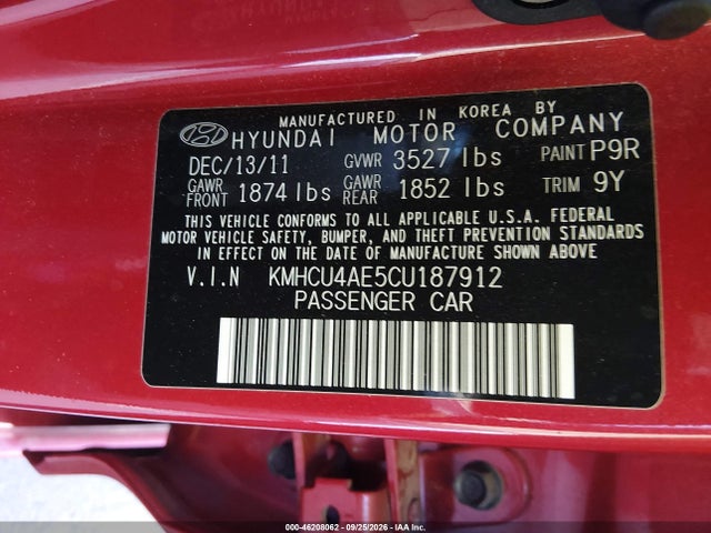 2012 Hyundai Accent Gls მანქანა იყიდება აუქციონზე, vin: KMHCU4AE5CU187912, აუქციონის ნომერი: 46208062