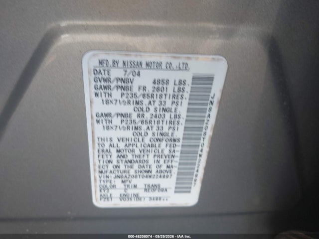 Продаж на аукціоні авто 2004 Nissan Murano Sl, vin: JN8AZ08T04W224997, номер лоту: 46208074