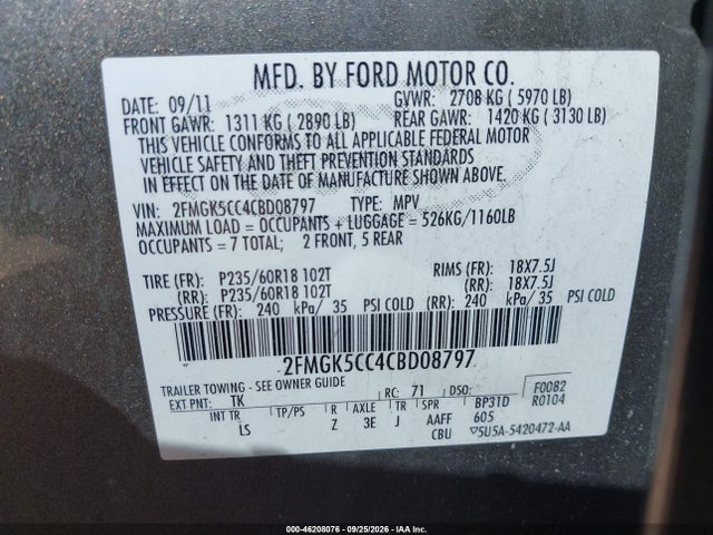 2012 Ford Flex Sel მანქანა იყიდება აუქციონზე, vin: 2FMGK5CC4CBD08797, აუქციონის ნომერი: 46208076