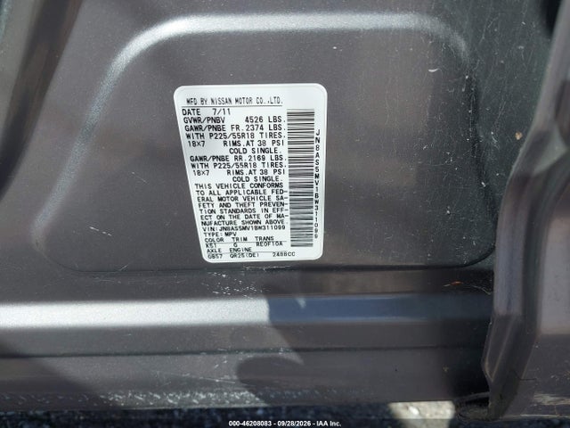 2011 Nissan Rogue Sv მანქანა იყიდება აუქციონზე, vin: JN8AS5MV1BW311099, აუქციონის ნომერი: 46208083