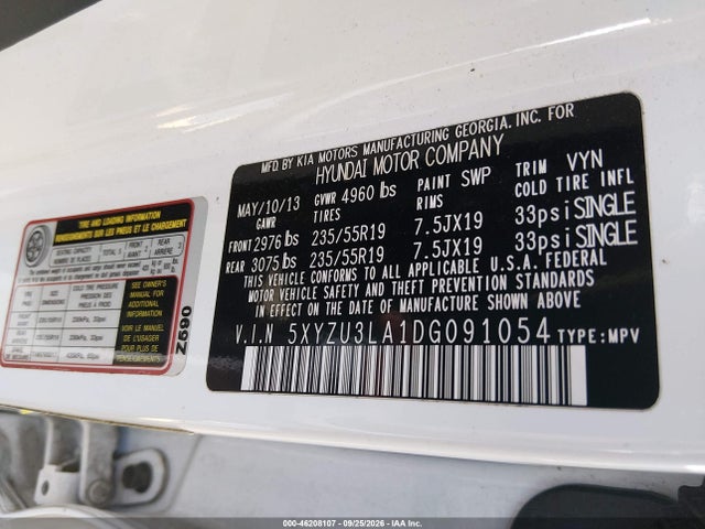 2013 Hyundai Santa Fe 2.0t Sport მანქანა იყიდება აუქციონზე, vin: 5XYZU3LA1DG091054, აუქციონის ნომერი: 46208107