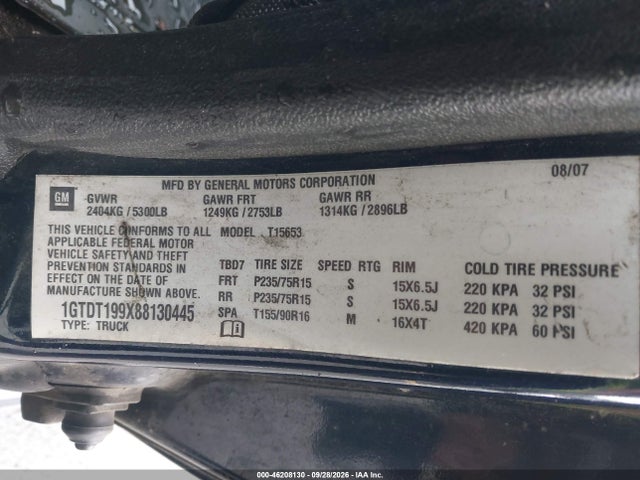 46208130 :رقم المزاد ، 1GTDT199X88130445 vin ، 2008 Gmc Canyon Sle1 مزاد بيع