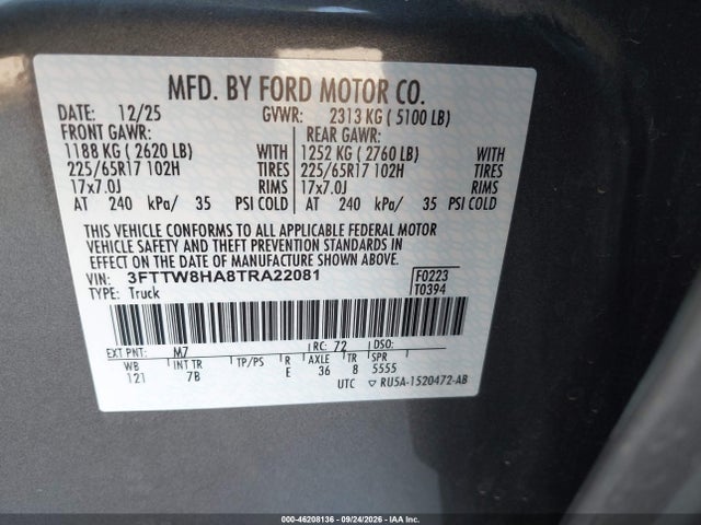Продаж на аукціоні авто 2026 Ford Maverick Xlt, vin: 3FTTW8HA8TRA22081, номер лоту: 46208136