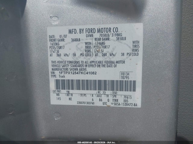 Продаж на аукціоні авто 2007 Ford F-150 Fx2/lariat/stx/xl/xlt, vin: 1FTPX12547KC41082, номер лоту: 46208145
