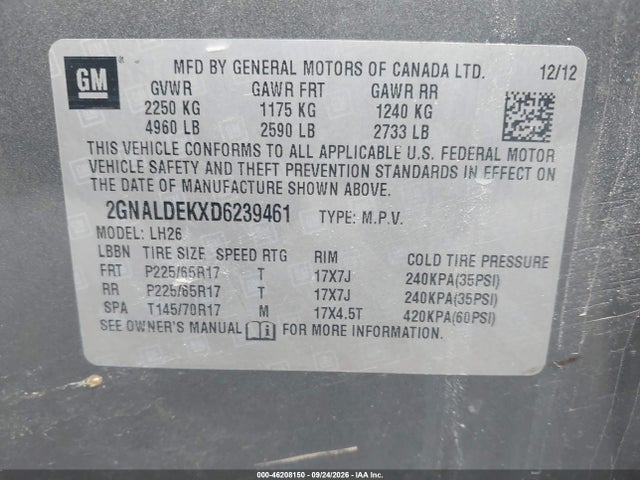 Aukcja sprzedaży 2013 Chevrolet Equinox 1lt, vin: 2GNALDEKXD6239461, numer aukcji: 46208150
