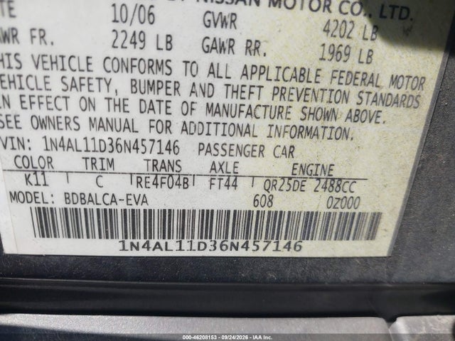 46208153 :رقم المزاد ، 1N4AL11D36N457146 vin ، 2006 Nissan Altima 2.5 S مزاد بيع