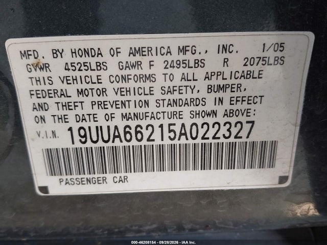 Aukcja sprzedaży 2005 Acura Tl, vin: 19UUA66215A022327, numer aukcji: 46208154