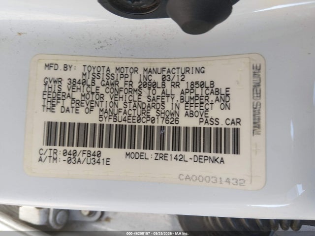 Aukcja sprzedaży 2012 Toyota Corolla Le, vin: 5YFBU4EE0CP017626, numer aukcji: 46208157